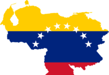 Carte du Venezuela sous fond de drapeau