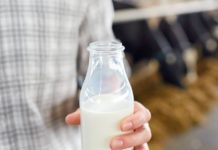 Un producteur tenant un verre de lait dans sa ferme.